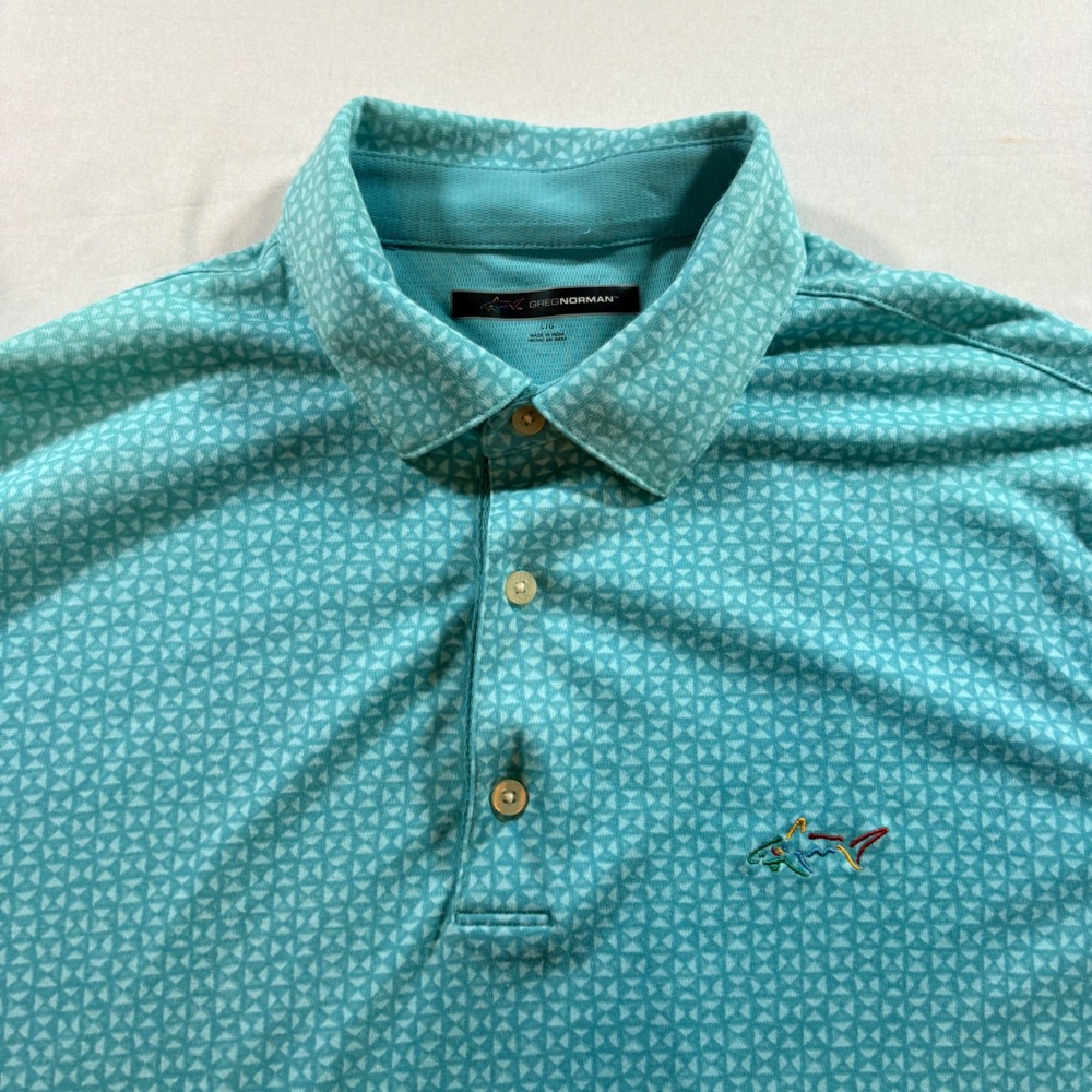 Greg Norman Golf Polo Shirt Mens Large Aqua Blue Pima Cotton Performance Shark